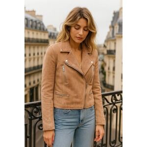 Members Only Women S Pink Faux Suede Moto Jacket Zipper Pockets Snap Collar